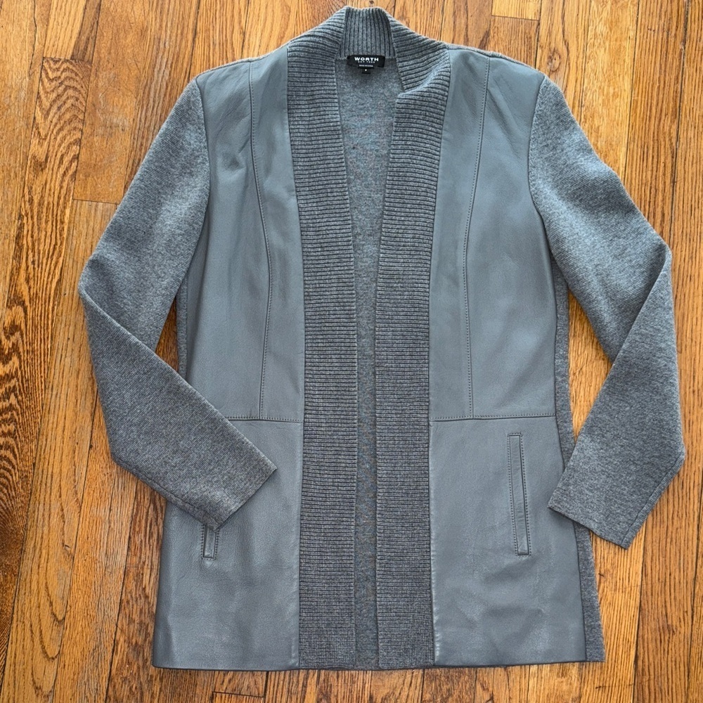 WORTH New York combination open blazer cardigan jacket wool leather size P XS